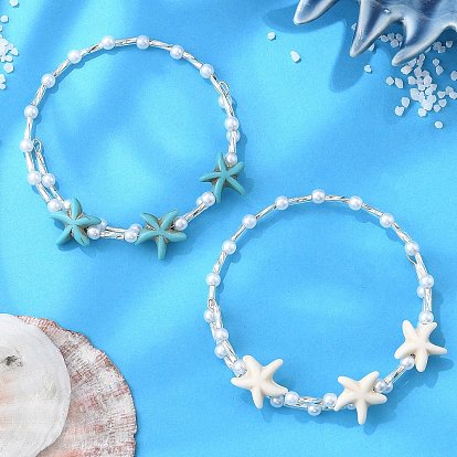 2Pcs 2 Colors Synthetic Turquoise Beaded Bangles, Glass Twisted Bugle Jewelry for Women, Starfish, with Steel Memory Wire & Imitated Pearl Acrylic Beads