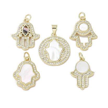 Brass Micro Pave Cubic Zirconia Pendants, Cadmium Free & Lead Free, with Shell, Hamsa Hand