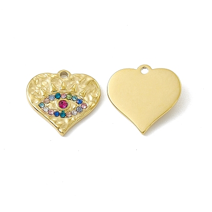 Vacuum Plating 201 Stainless Steel Charms, Colorful Rhinestone Heart with Evil Eye
