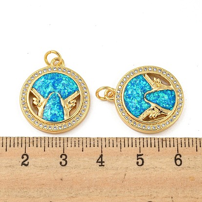 Brass Micro Pave Cubic Zirconia with Synthetic Opal Pendants, with Jump Ring, Flat Round with Gesture
