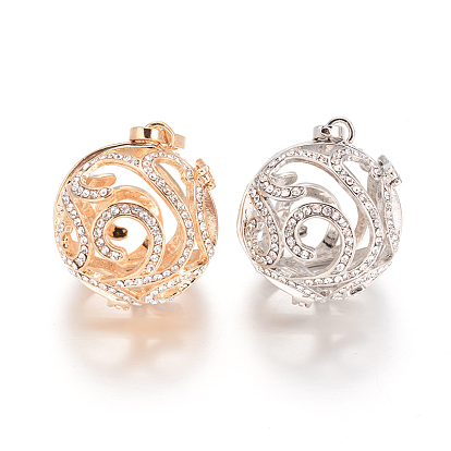 Colgantes de jaula redondos huecos de diamantes de imitación de latón chapado en rack ecológico, para hacer collares con colgantes de bolas de campana, sin cadmio y níque y plomo, 32x27x26 mm, agujero: 9x4 mm