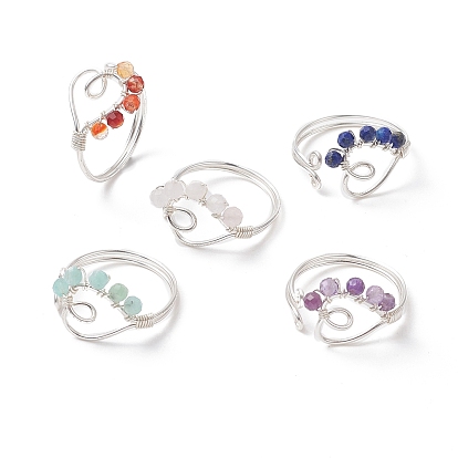 Открытое кольцо-манжета с сердцем из бисера из натуральных смешанных драгоценных камней, ювелирные изделия из серебряной медной проволоки для женщин