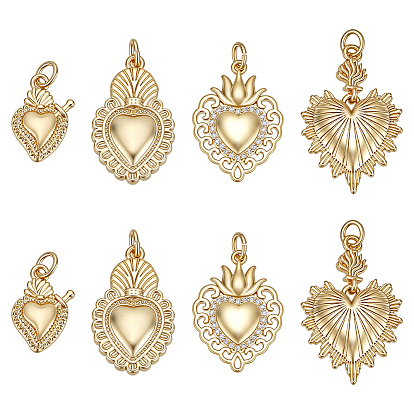 8Pcs 4 Styles Rack Plating Brass Micro Pave Cubic Zirconia Pendants, Heart Charm, Mexican Milagro Flaming Holy Heart Pendant, Long-Lasting Plated, with Jump Rings, Cadmium Free & Lead Free