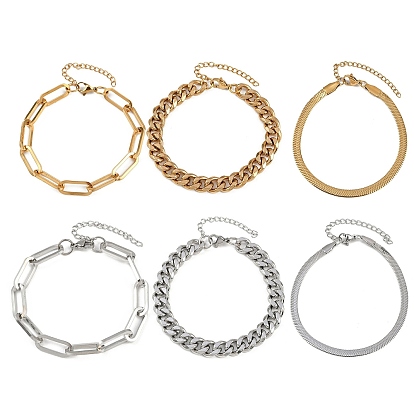 3шт. 3 стили 304 набор браслетов из нержавеющей стали, браслеты со скрепками, змеями и кубинскими цепочками для женщин и мужчин