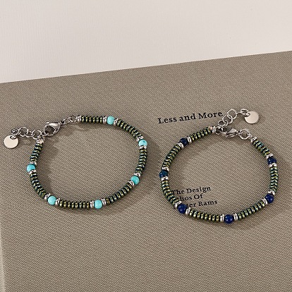 Round Gemstone and 304 Stianless Steel Beaded Bracelets for Men Women, Stainless Steel Color