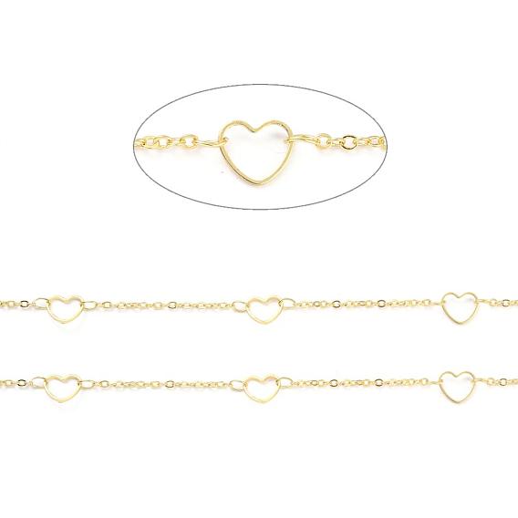 Handmade Brass Cable Chains, with Heart Link Ring and Spool, Soldered, Flat Oval, Long-Lasting Plated
