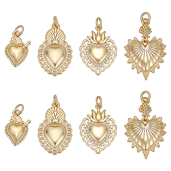 8Pcs 4 Styles Rack Plating Brass Micro Pave Cubic Zirconia Pendants, Heart Charm, Mexican Milagro Flaming Holy Heart Pendant, Long-Lasting Plated, with Jump Rings, Cadmium Free & Lead Free