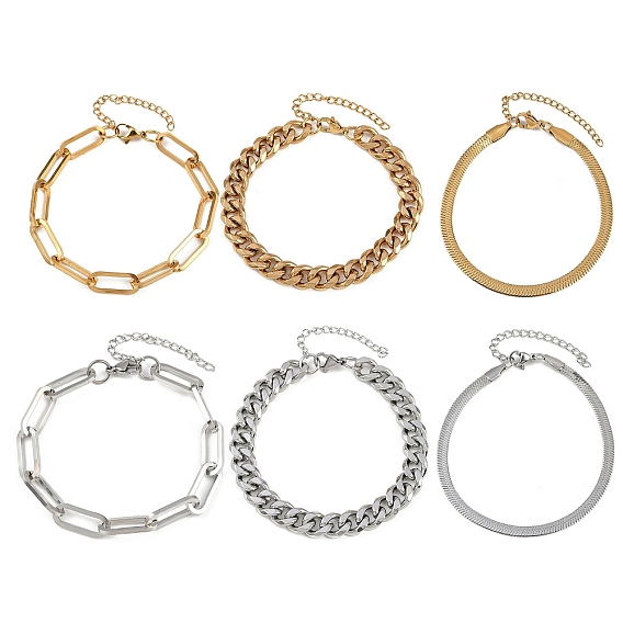 3шт. 3 стили 304 набор браслетов из нержавеющей стали, браслеты со скрепками, змеями и кубинскими цепочками для женщин и мужчин