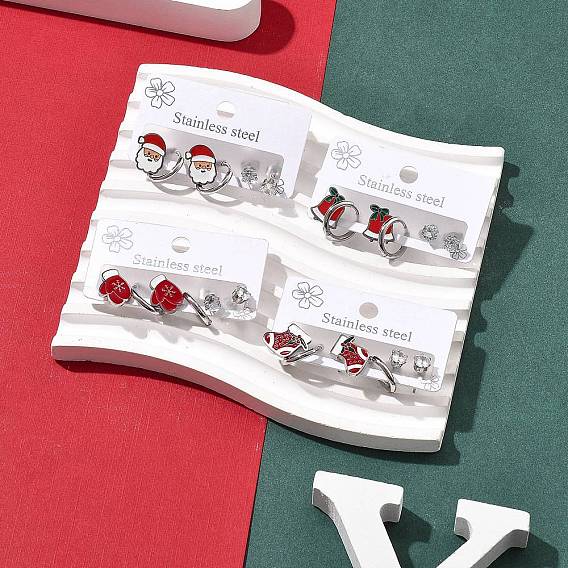 3 пары 3 стили рождество 304 наборы из сережек-колец и гвоздиков из нержавеющей стали для женщин, с эмалью, кубическим цирконием и стразами