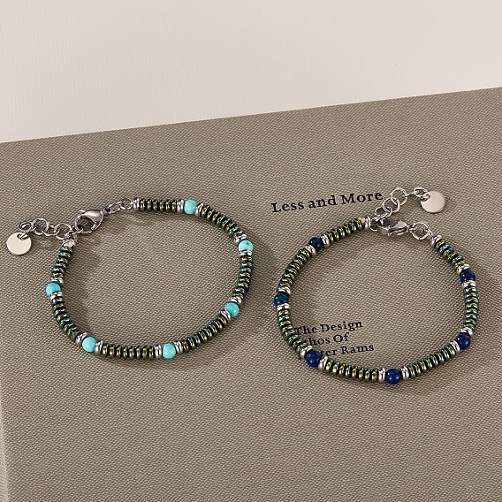 Pulseras redondas de piedras preciosas y cuentas de acero inoxidable para hombres y mujeres, color acero inoxidable