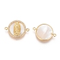 Brass Micro Pave Cubic Zirconia Links Connectors, with Shell, Flat Round with Virgin Mary