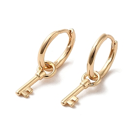 Brass Dangle Hoop Earrings, Skeleton Key