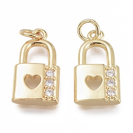 Brass Micro Pave Clear Cubic Zirconia Pendants, with Jump Ring, Lock with Heart