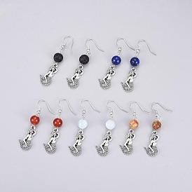 Болтаться серьги природный драгоценный камень, с подвесками русалки тибетского стиля и латунными крючками для серьги