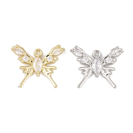 Brass Micro Pave Clear Cubic Zirconia Pendants, Long-Lasting Plated, Butterfly Charms