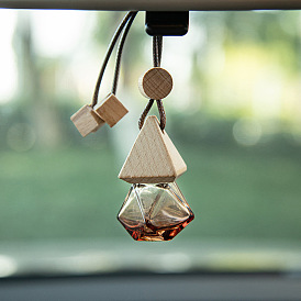 Polygon Glass Empty Refillable Car Perfume Bottle, Car Hanging Fragrance Essential Oil Diffuser Bottle Pendants Decor, with Wood Cap