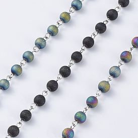 Handmade Electroplated Glass Beaded Chains, with Iron Eye Pin, Round, Unwelded, Platinum