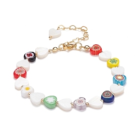 Bracelet perlé fleur coeur coloré pour fille femme, bracelet millefiori perles de verre & coquillage naturel
