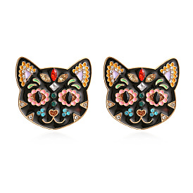 Cute Cat Earrings with Colorful Rhinestones and Vintage Metal Design