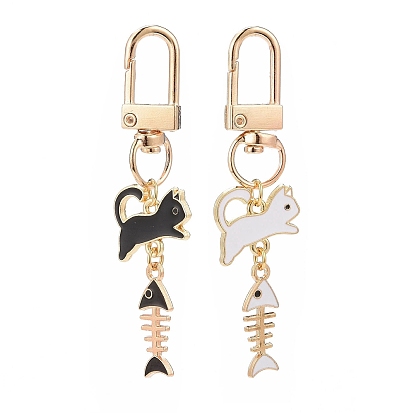 Chat et fishbone alliage émail breloques pendentifs décoration, avec fermoir pivotant