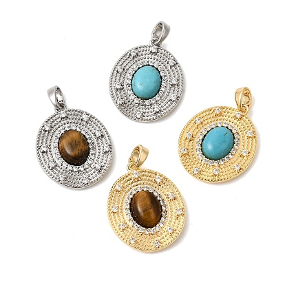 Подвески из натурального тигрового глаза и синтетической бирюзы, Овальные подвески с латунными микропаве из прозрачных кубических цирконий.
