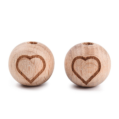 Engraved Beech Wood Beads, Round, BurlyWood, Undyed, Round with Heart/Moon/Rainbow Pattern