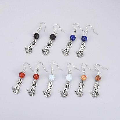 Natural Gemstone Dangle Earrings, with Tibetan Style Mermaid Pendants and Brass Earring Hooks