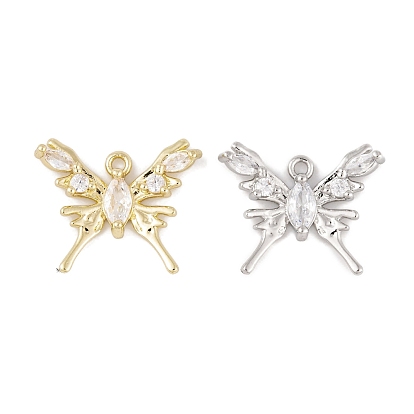 Brass Micro Pave Clear Cubic Zirconia Pendants, Cadmium Free & Nickel Free & Lead Free, Long-Lasting Plated, Butterfly Charms