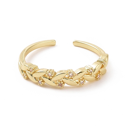 Clear Cubic Zirconia Leaf Open Cuff Ring, Brass Jewelry for Women