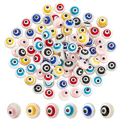 90Pcs 6 Colors Natural Freshwater Shell Beads, with Enamel, Flat Round with Evil Eye