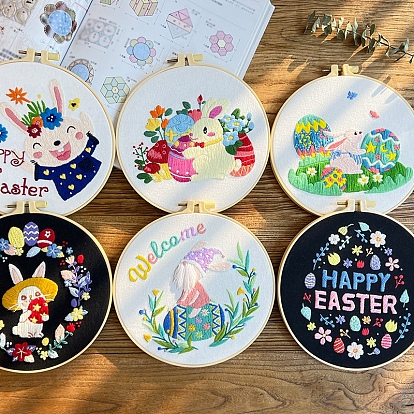Easter Theme DIY Embroidery Starter Kit with Instruction Book, Embroidery Bamboo Hoops, Embroidery Thread and Needle, Easy Stamped Fabric Hand Crafts