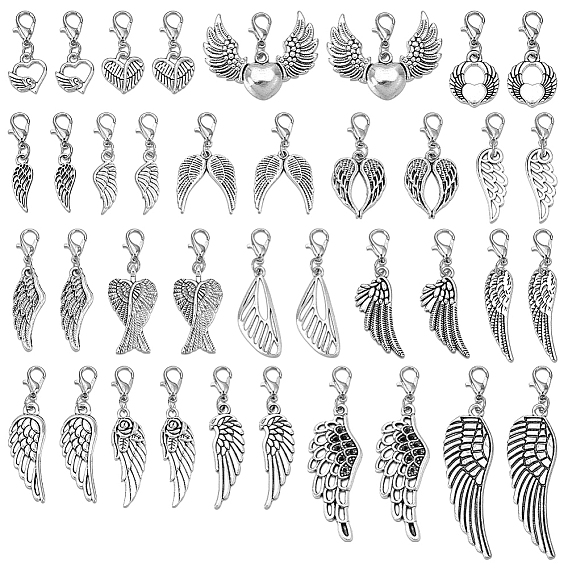 38 шт. 19 стили подвесные украшения из сплава в виде крыльев, Сплав с застежками когтя омара