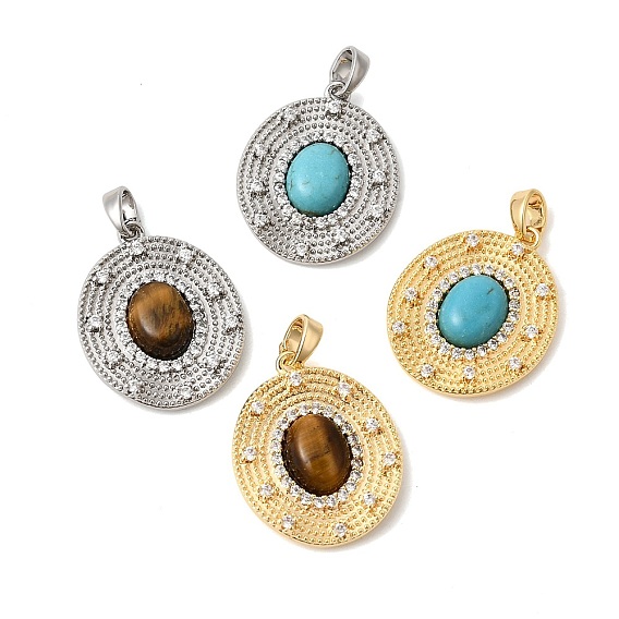 Подвески из натурального тигрового глаза и синтетической бирюзы, Овальные подвески с латунными микропаве из прозрачных кубических цирконий.