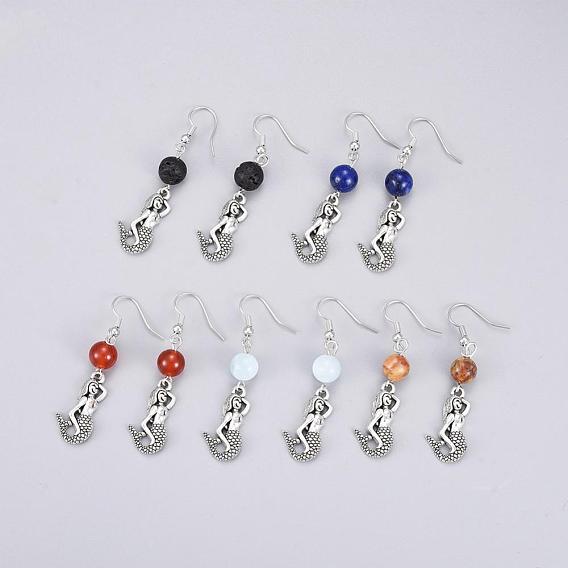 Natural Gemstone Dangle Earrings, with Tibetan Style Mermaid Pendants and Brass Earring Hooks