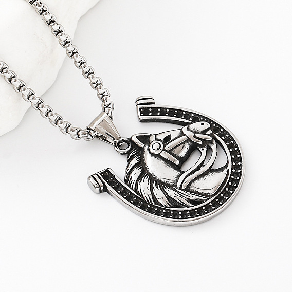 304 Stainless Steel Horseshoe Pendant Box Chain Necklaces for Women Men, Tarnish Free