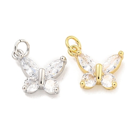 Rack Plating Brass Micro Pave CLear Cubic Zirconia Charms, with Jump Rings, Long-Lasting Plated, Lead Free & Cadmium Free, Butterfly