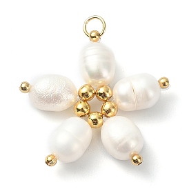 Natural Freshwater Pearl Pendants, Flower Charms with Golden Tone Brass Beads and 304 Stainless Steel Jump Rings