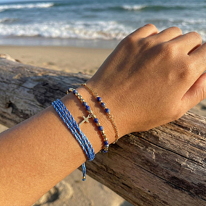3шт. регулируемые плетеные браслеты из натуральных бусин лазурита, нержавеющая сталь крест браслетов шарма