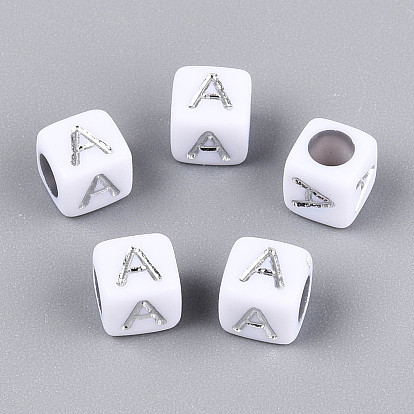 Акриловые бусины, горизонтальное отверстие, металлическое покрытие, куб с письмом