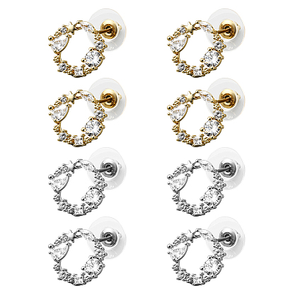 4 пары 2 цвета латунные серьги-гвоздики, с четким кубического циркония, плоско-круглые