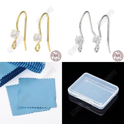 2 Colors 925 Sterling Silver with Clear Cubic Zirconia Earring Hooks, Flat Round, 1Pc Suede Fabric Square Silver Polishing Cloth