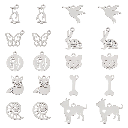 20 piezas 10 estilo 201 dijes de acero inoxidable, Corte con laser, animales mixtos
