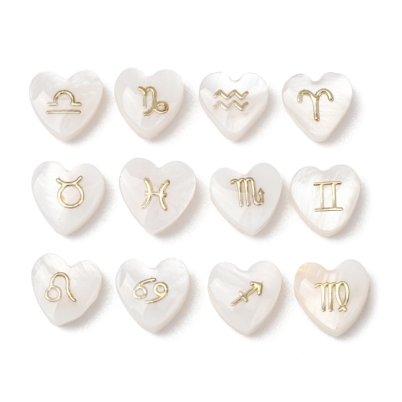 12 piezas 12 estilos cuentas de concha de agua dulce naturales, corazón con oro doce signos del zodiaco, con resina epoxi