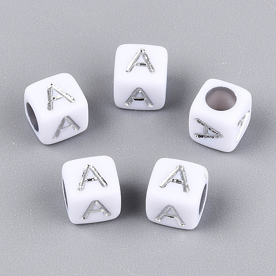 Акриловые бусины, горизонтальное отверстие, металлическое покрытие, куб с письмом