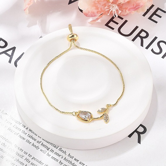 Латунные браслеты-слайдеры с микропаве из прозрачного кубического циркония, браслеты-цепочки для женщин, цветок