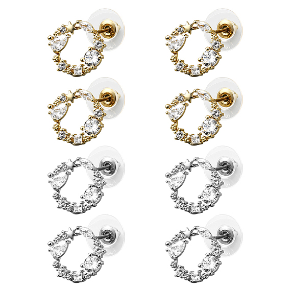 4 пары 2 цвета латунные серьги-гвоздики, с четким кубического циркония, плоско-круглые