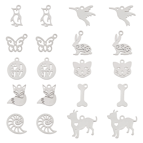 20Pcs 10 Style 201 Stainless Steel Charms, Laser Cut, Mixed Animals
