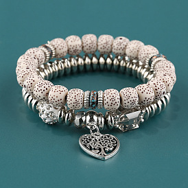 Bohemian Double-layer White Bodhi Jewelry Set with Beaded Bracelet and Bangle.