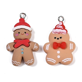 Cristmas Thmem Resin Pendants, With Platinum Iron Loop & Glitter, Gingerbread Man