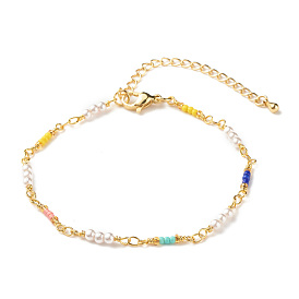 Imitation Pearl & Glass Seed Beaded Chain Bracelet for Women